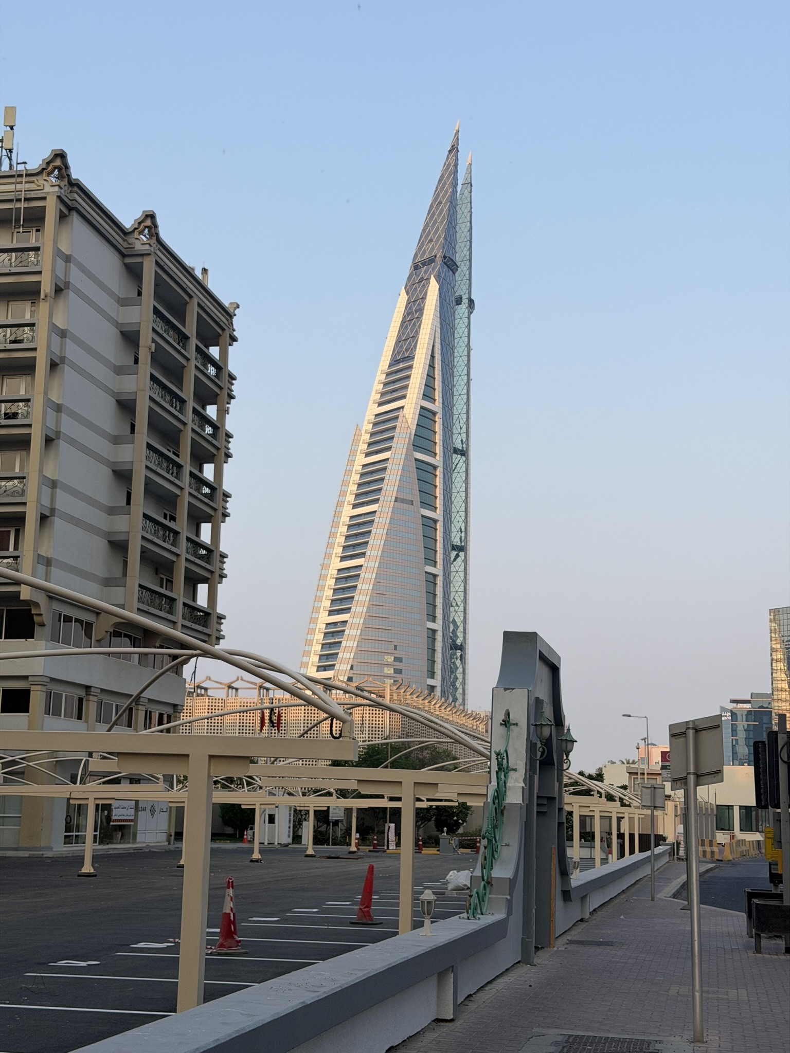 The Bahrain World Trade Center twin towers seen from the street