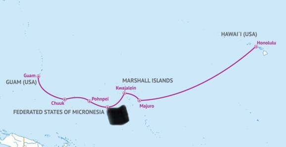 Map showing the United Island Hopper route from Honolulu through Marshall Islands and Micronesia to Guam