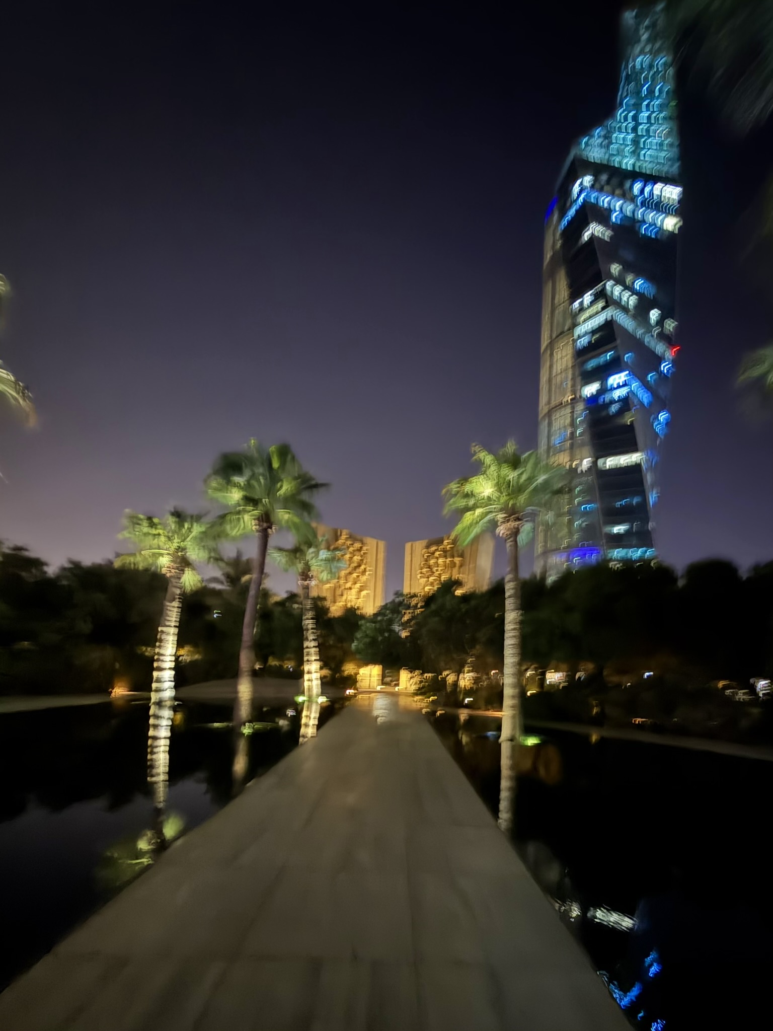 Boardwalk lined with palm trees and a lit tower at Al Shaheed Park