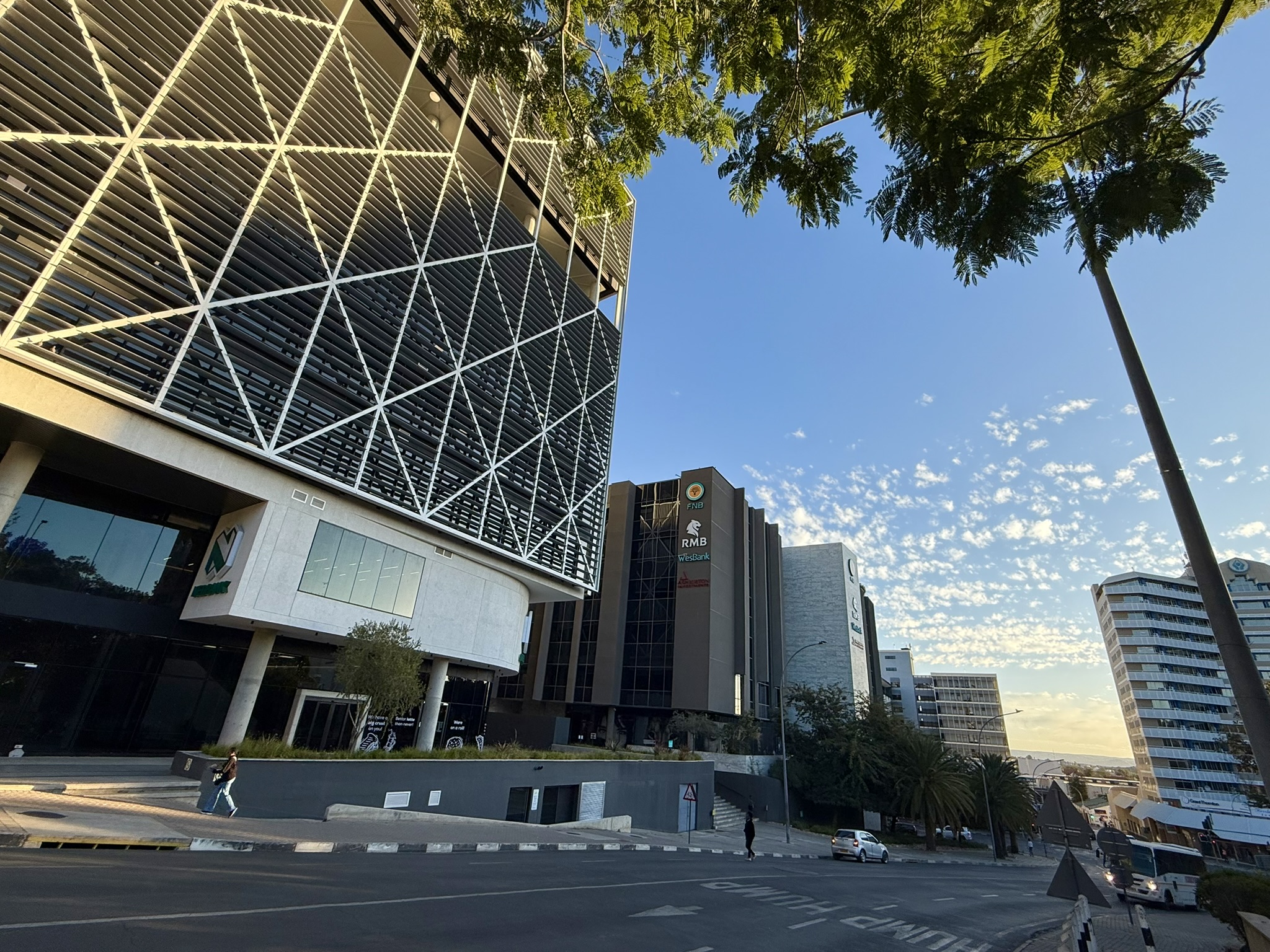 Modern buildings in Windhoek with geometric architecture