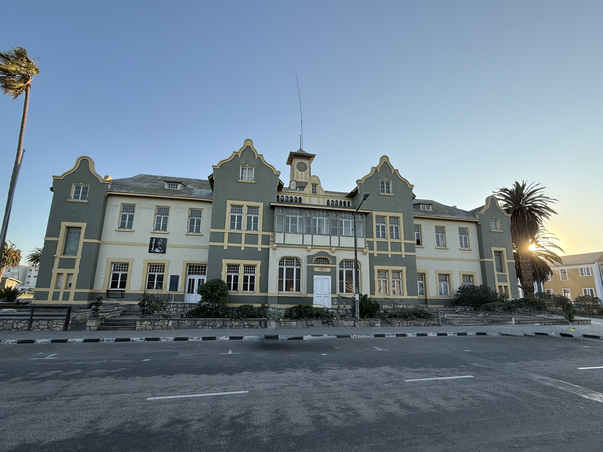 German colonial building in Swakopmund with green facade