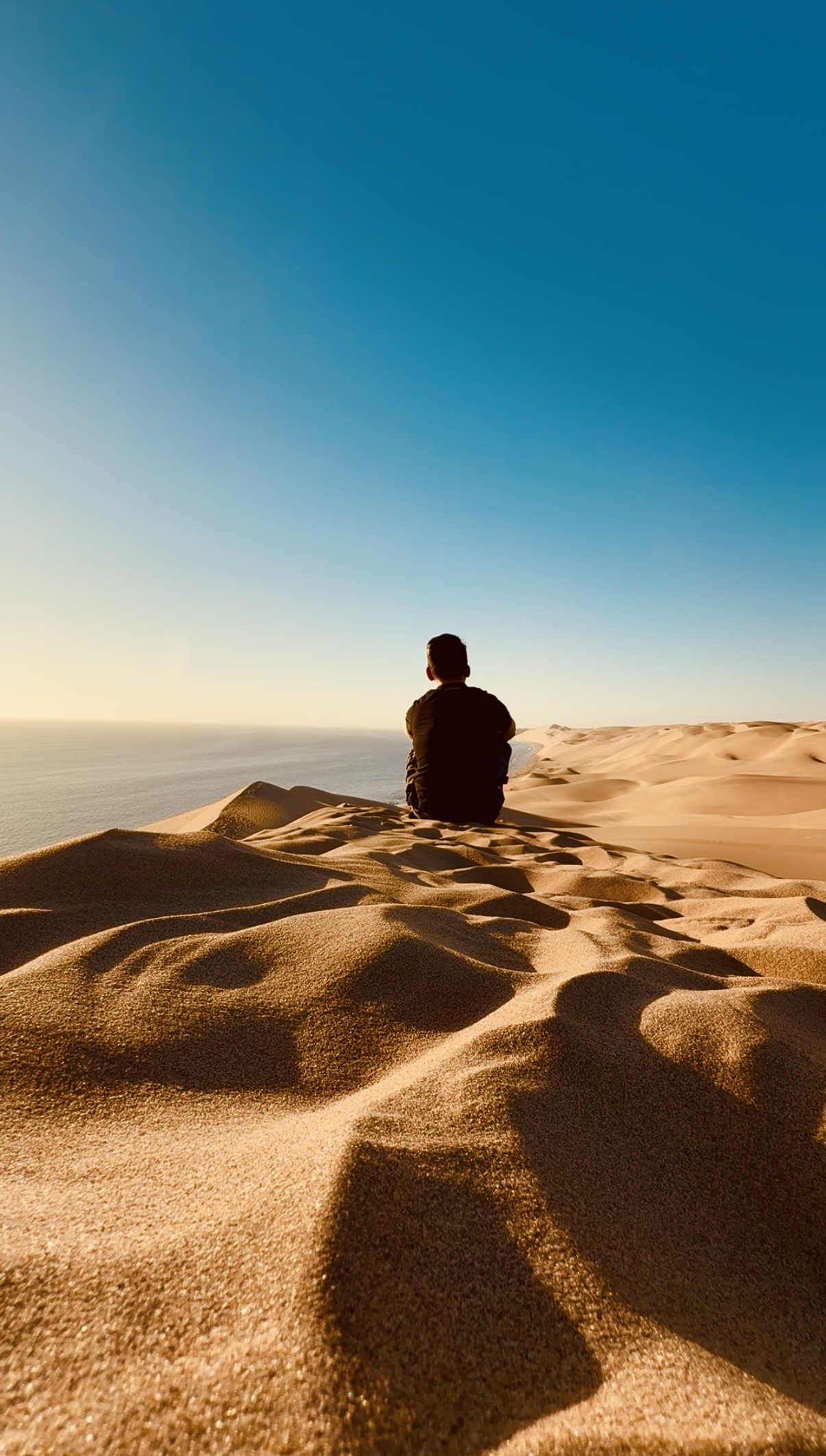 Silhouette sitting on dune overlooking the ocean at sunset