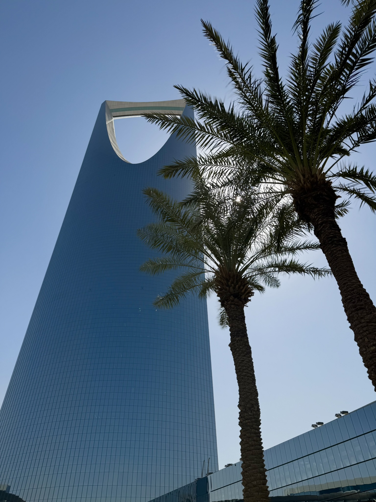 Kingdom Centre tower with palm trees during the day