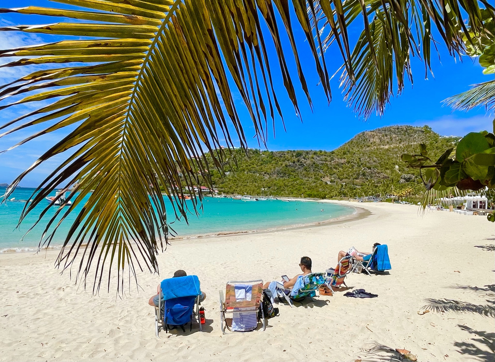 Saint Jean Beach with palm fronds and beachgoers