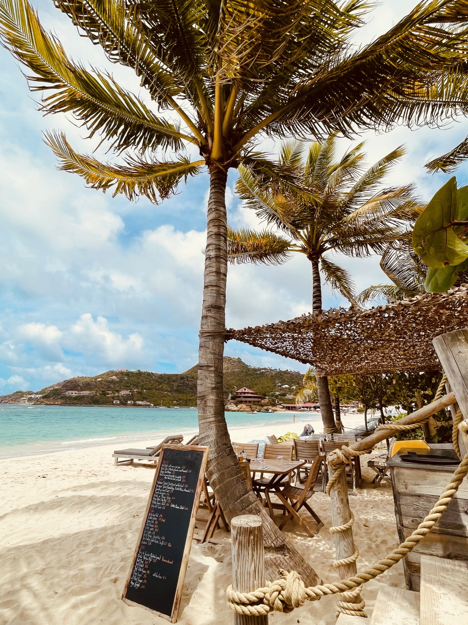 Beach restaurant with palm trees and menu board